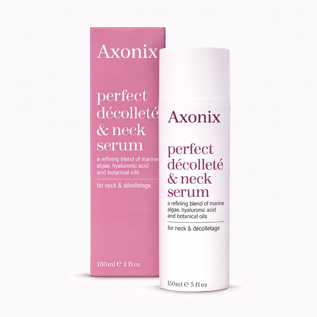 Axonix neck and décolletage serum bottle beside its carton